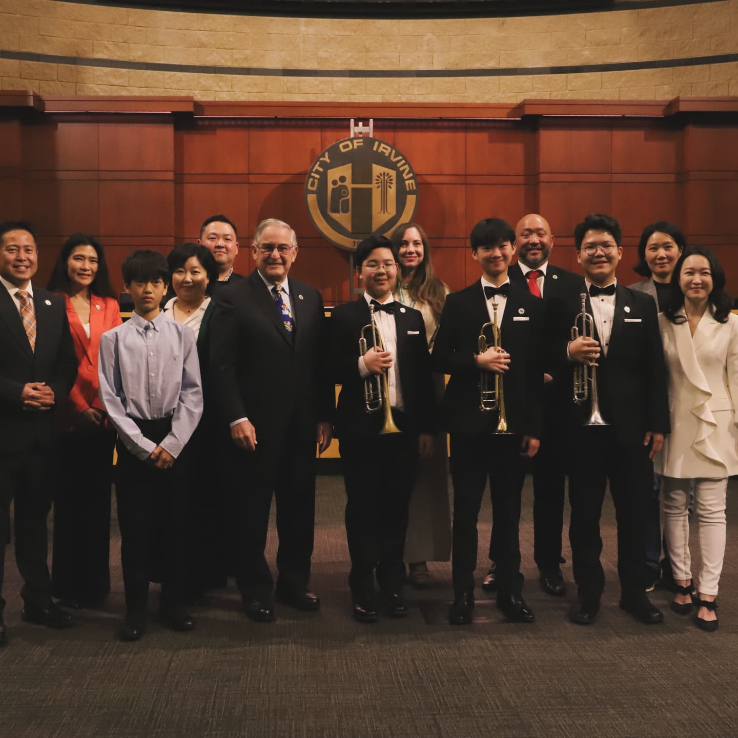 Group photo with Irvine Mayor and families at City Hall — City of Irvine Mayor Award 2025