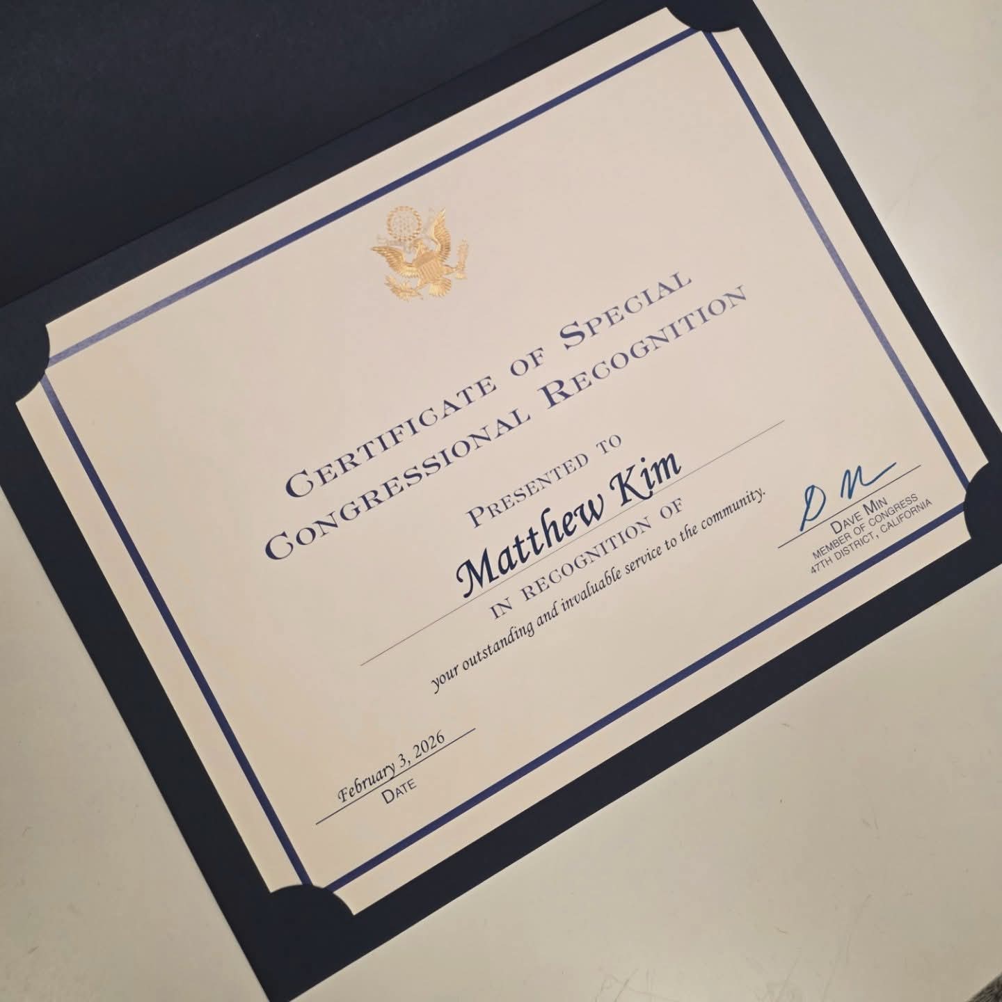 Certificate of Special Congressional Recognition presented to Matthew Kim — February 3, 2026
