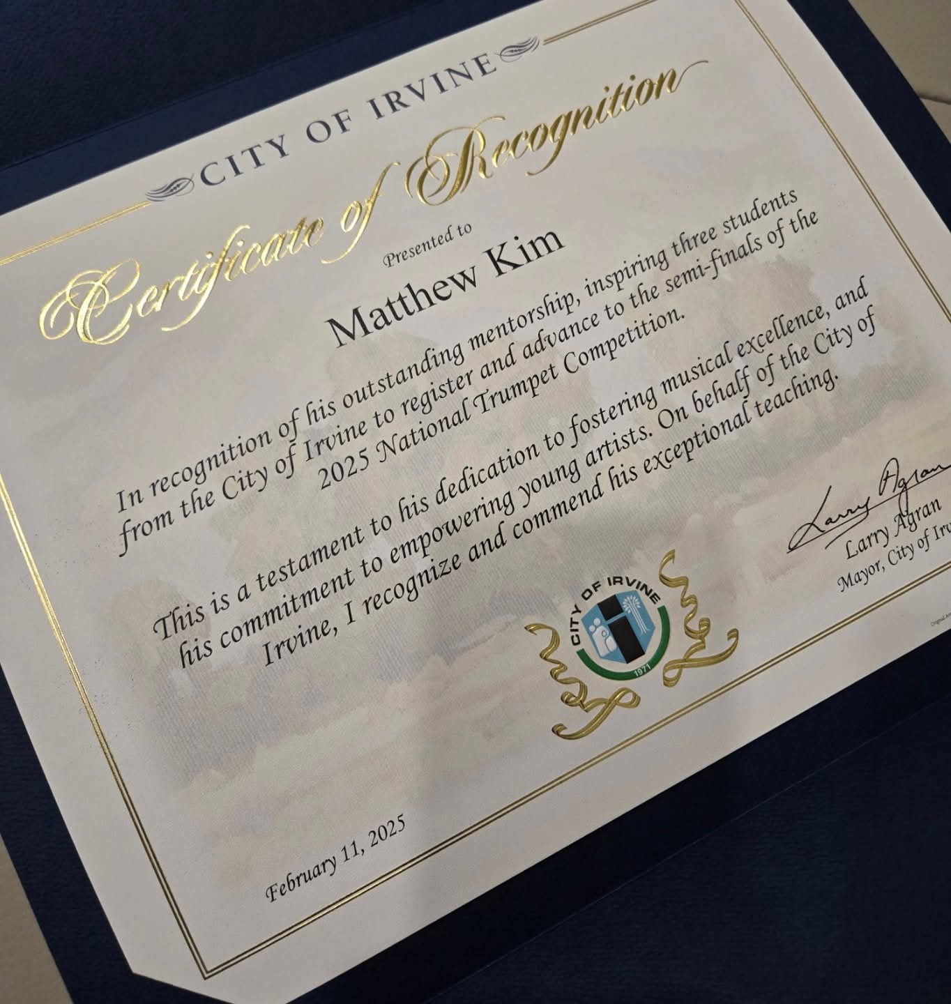 City of Irvine Certificate of Recognition presented to Matthew Kim — February 11, 2025
